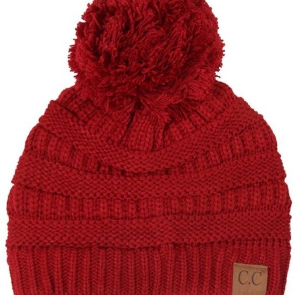 Red Knit Pom Pom C.C Beanie Adult Size Fall Winter - Picture 1 of 1